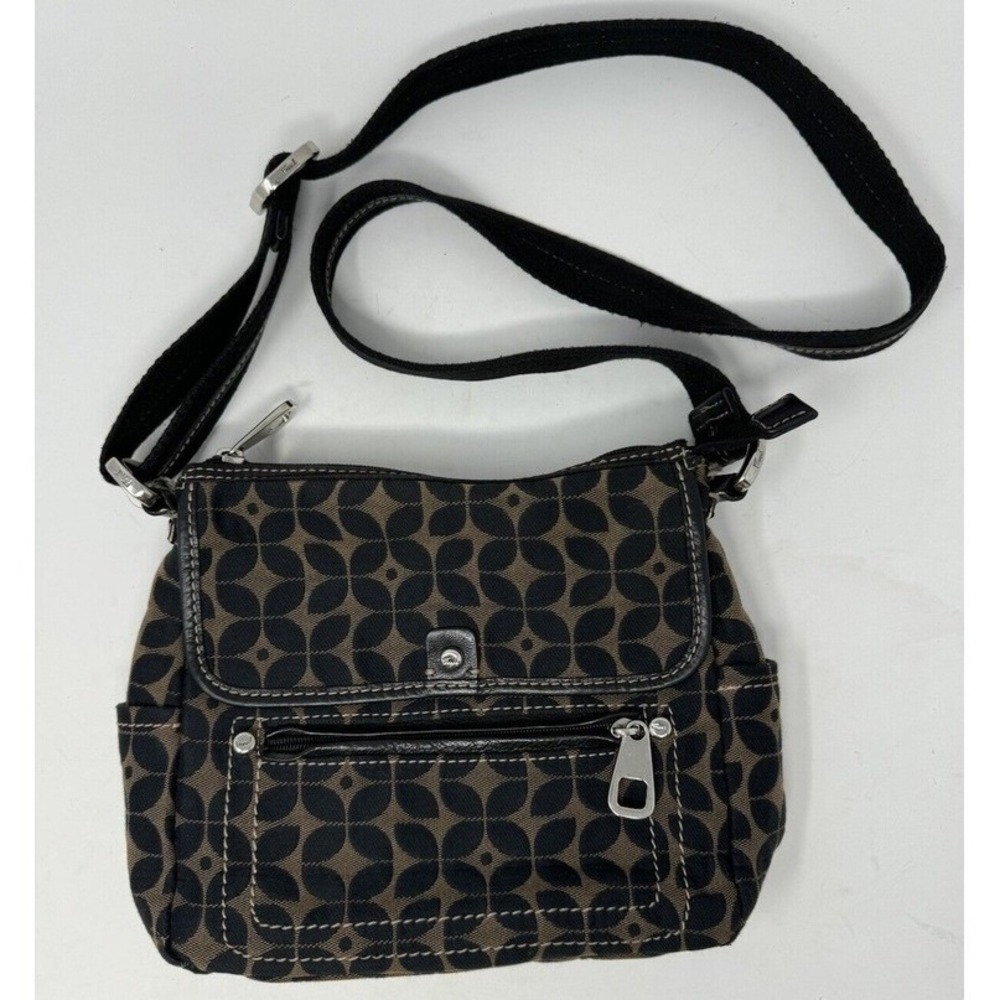 FOSSIL Signature Crossbody Bag Canvas Medium Pockets Black Brown Purse Y2k 90s